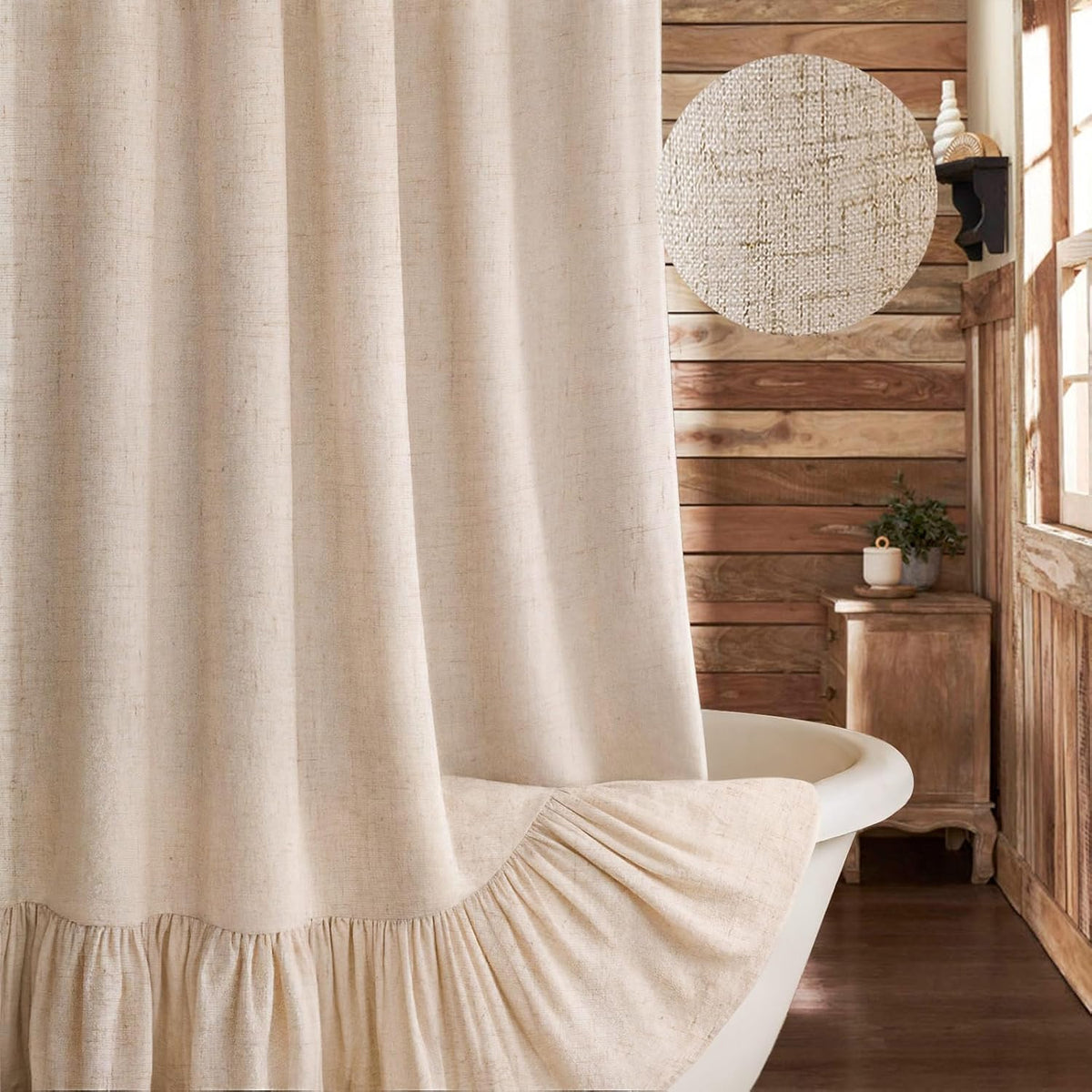 Farmhouse Shower Curtain Ruffle Linen Beige 72" W x 72" L