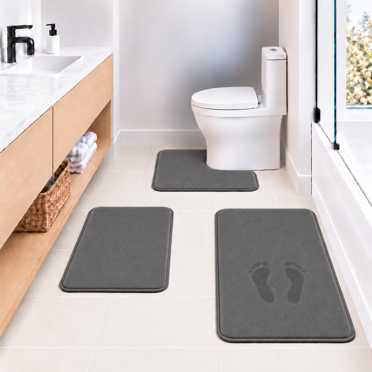 Black Bathroom Rug Set Memory Foam Bath Mats 3 Piece with Toilet Mats, Soft & Supportive, Shock Absorbing, Water Absorbent, Non-Slip Bath Rugs, Machine Washable, Area Rug, Home Decor Accessories
