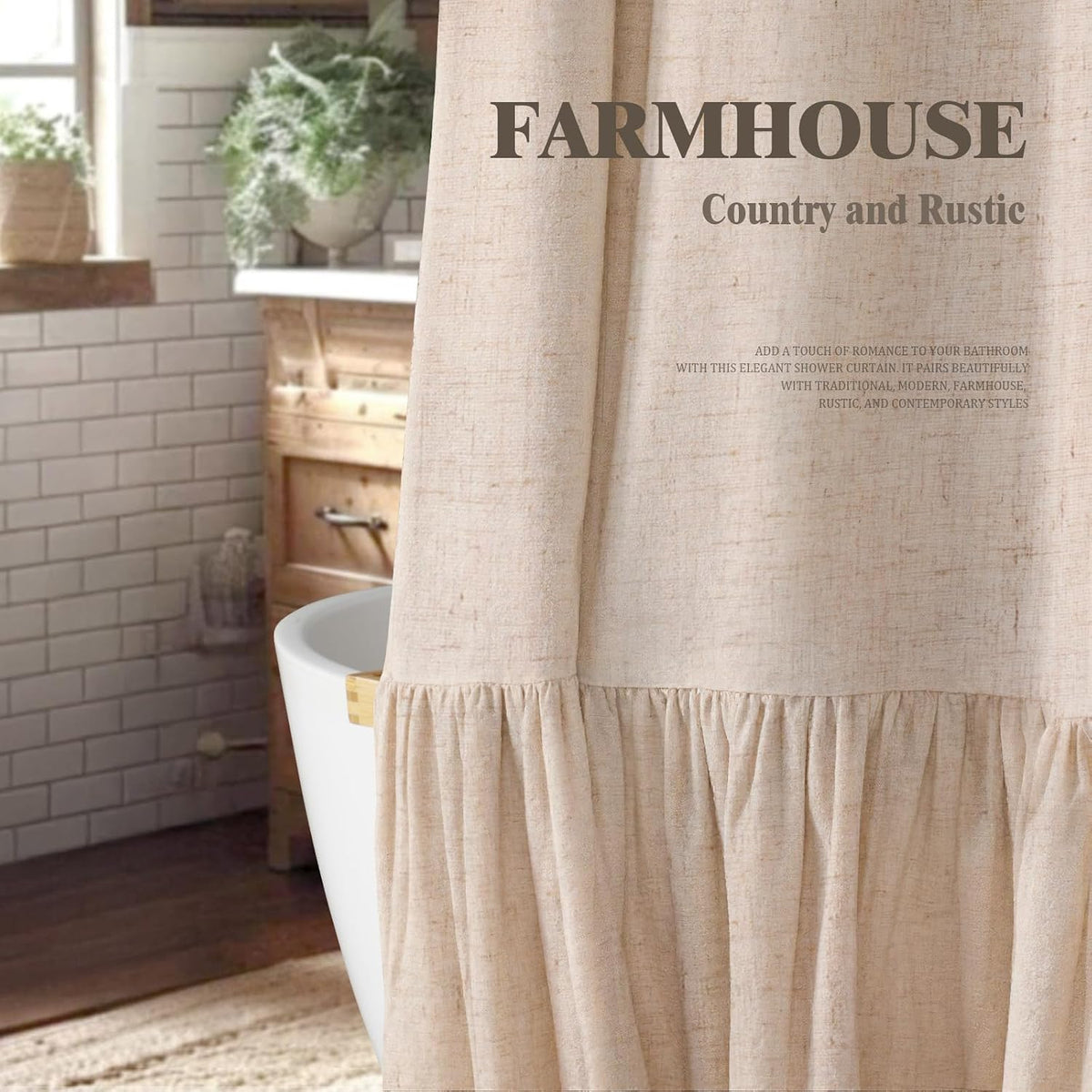 Farmhouse Shower Curtain Ruffle Linen Beige 72" W x 72" L