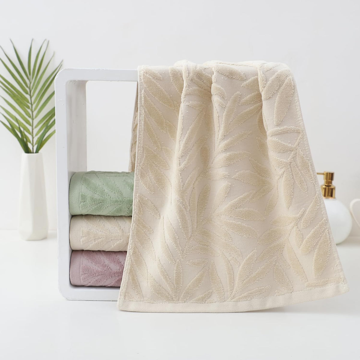 Pidada Leaf Absorbent Soft Hand Towels for Bathroom Set of 2,Light Brown