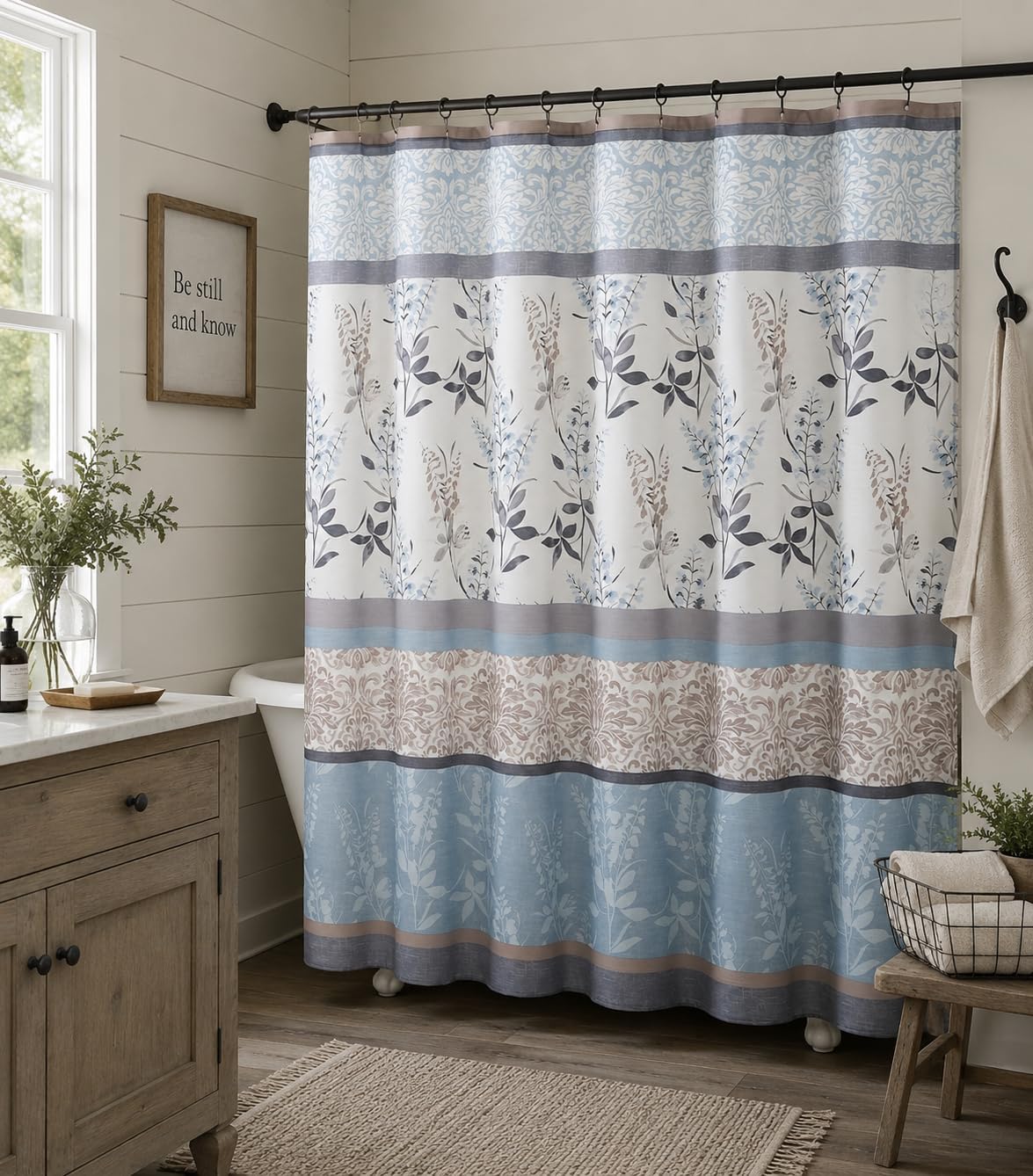 Blue Floral Fabric Shower Curtain Farmhouse Border Design for Bath 72x72
