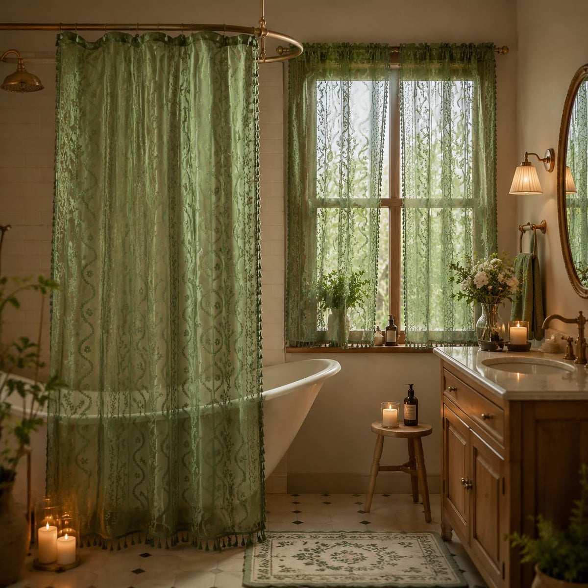 WAZZIO Dark Sage Green Lace Shower Curtain,Boho Chic,72 x 84 in