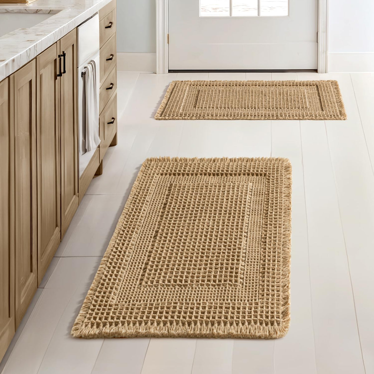 MIULEE Set of 2 Waffle Bathroom Rugs Brown&Cream Boho Bath Mat 17x24+18x30