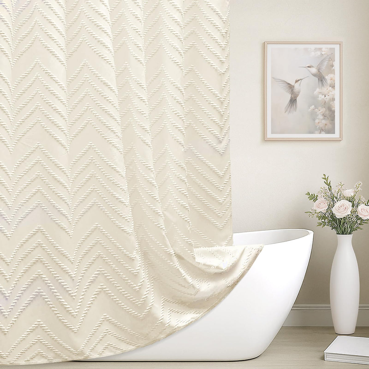 White Boho Fabric Shower Curtain 72 x 84 Inches