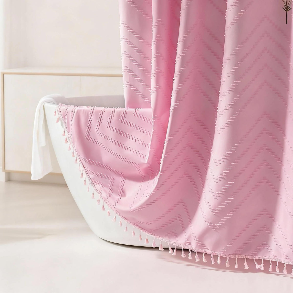Siiluminisoy Boho Shower Curtain with Tassel Woven Fabric Olive Green Shower Curtain 72 x 72 Modern Farmhouse Textured Tufted Chevron Striped Minimalist Bathroom Shower Curtains