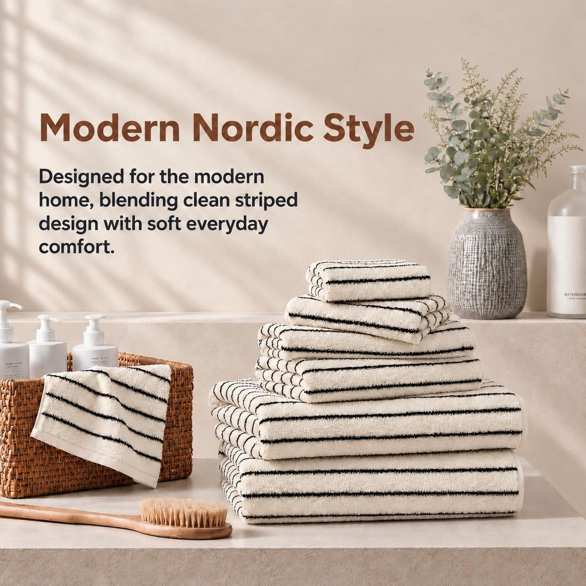 8 Pack Black and Ivory Bath Towel Set, Cotton Striped Bath Towels
