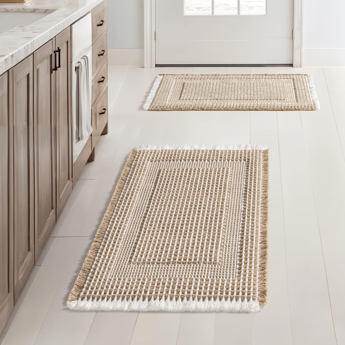 MIULEE Set of 2 Waffle Bathroom Rugs Brown&Cream Boho Bath Mat 17x24+18x30