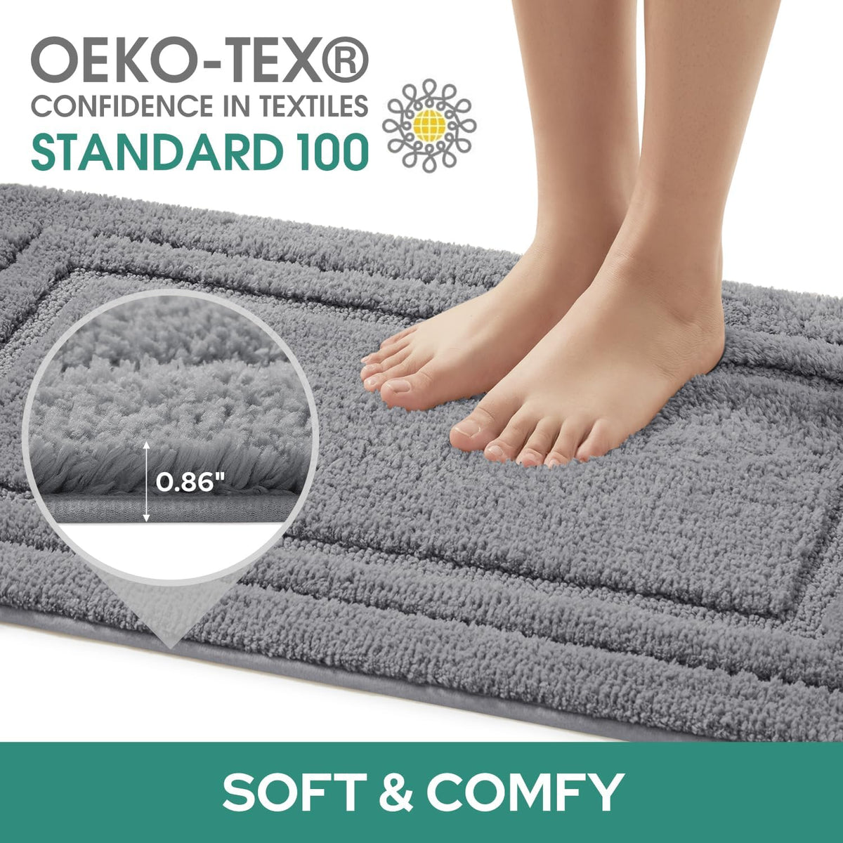 HOMEIDEAS Grey Bathroom Rugs Set of 3, Non Slip Bath Mats