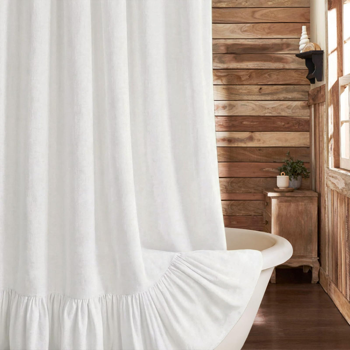 Farmhouse Shower Curtain Ruffle Linen Beige 72" W x 72" L