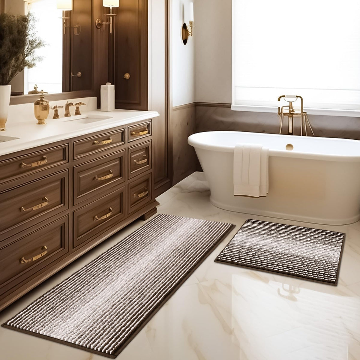 BSICPRO Large Chenille Bathroom Rugs Runner, 20x47 Striped Bath Mats, Beige