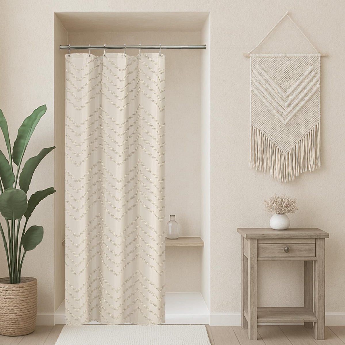 White Boho Fabric Shower Curtain 72 x 84 Inches