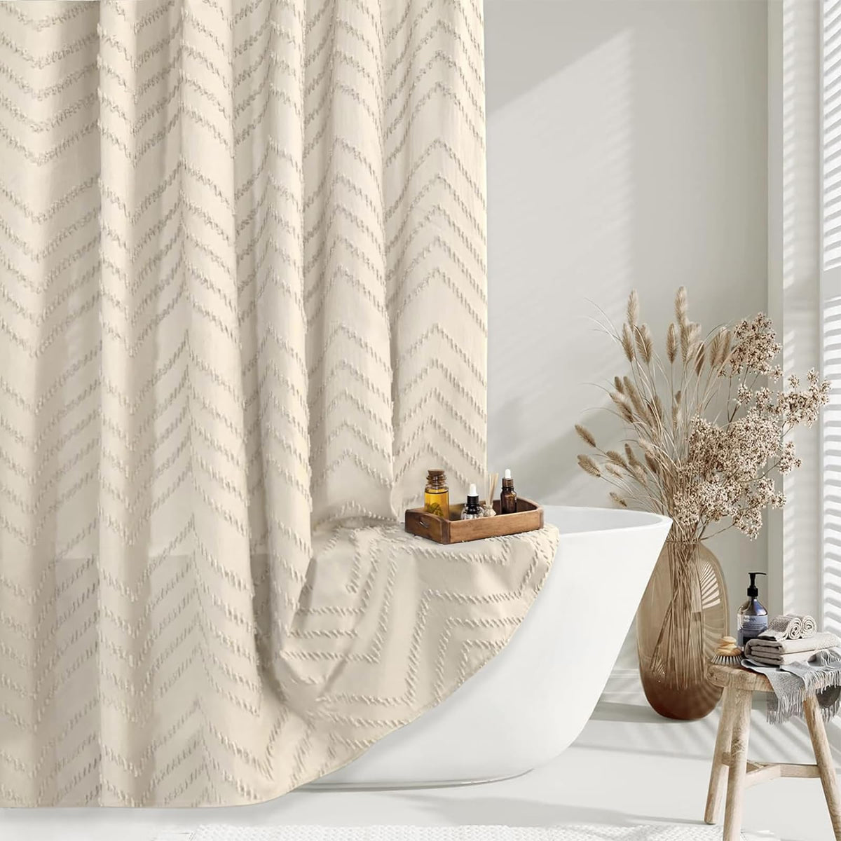 White Boho Fabric Shower Curtain 72 x 84 Inches