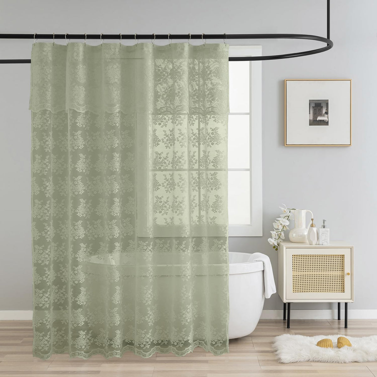 TUDECO Sage Green Shower Curtain with Attached Valance, 72 x 72, 1 Panel