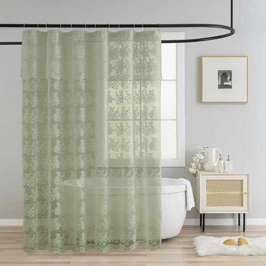 TUDECO Sage Green Shower Curtain with Attached Valance, 72 x 72, 1 Panel