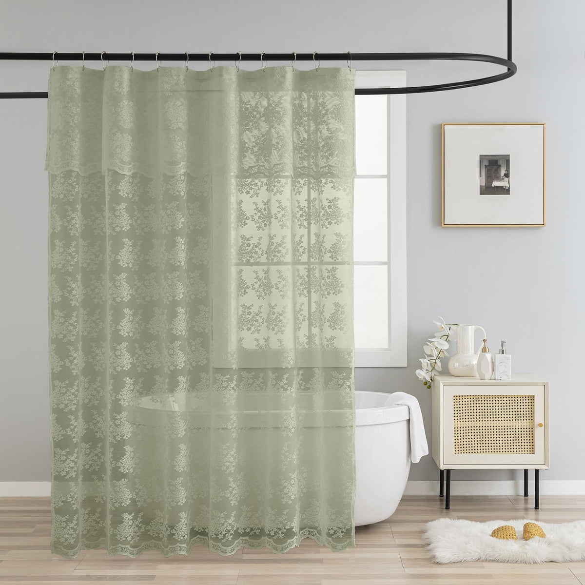TUDECO Sage Green Shower Curtain with Attached Valance, 72 x 72, 1 Panel
