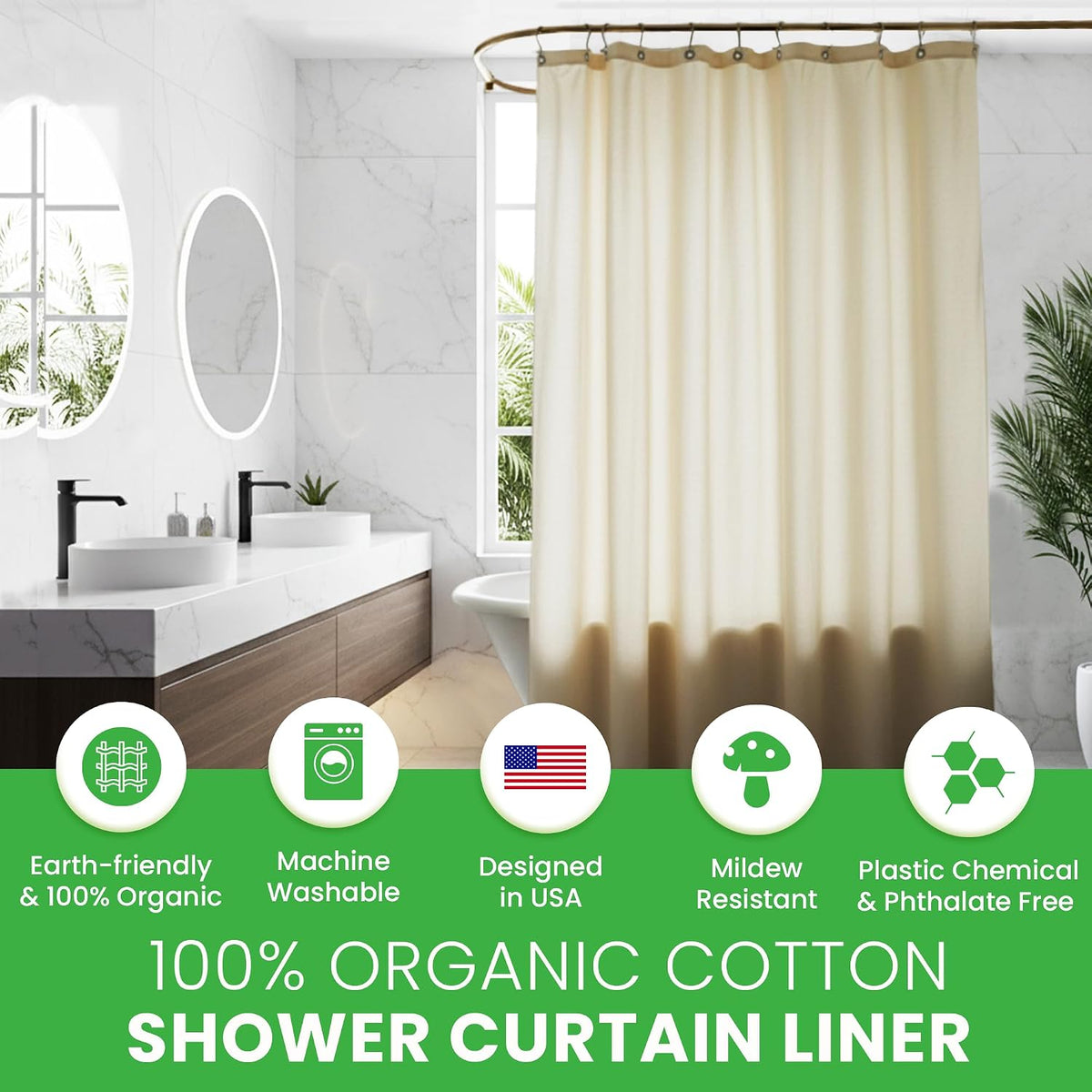 Bean Products Natural Cotton Bathtub Shower Curtain Liner- 70" x 72"