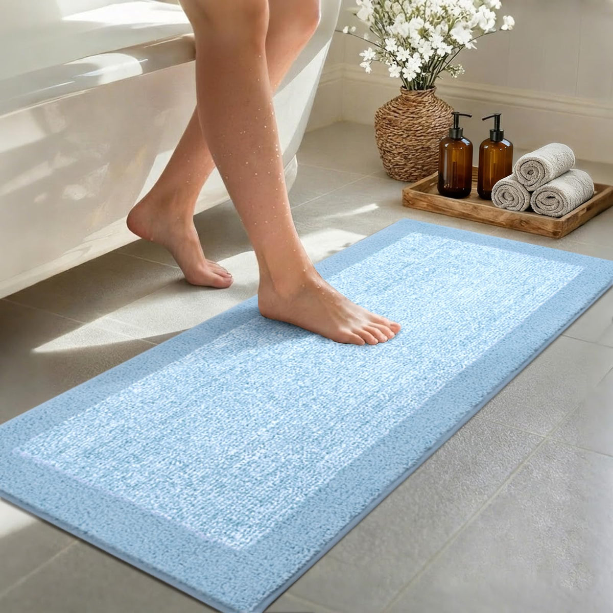 48x24 Long Bathroom Rugs Non Slip Washable, Soft Absorbent Bath Mat Blue