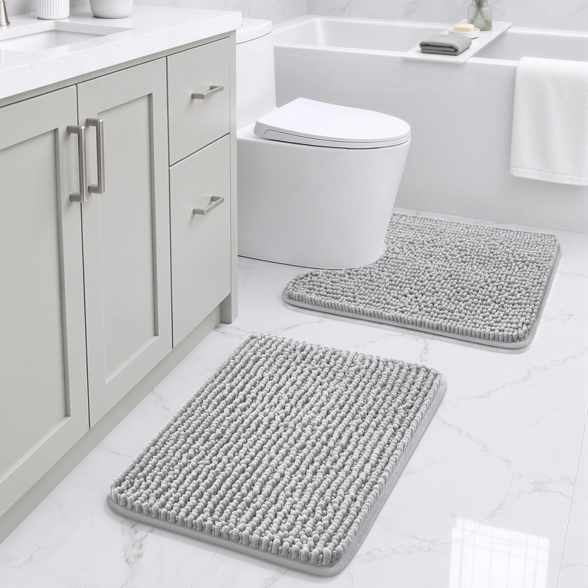 Ophanie Grey Bathroom Rugs 30x20, Soft Chenille Bath Mat, Non Slip Absorbent Quick Dry Light Gray Mats, Machine Washable Thick Small Area Rug Sets,Grip Bathmat for Shower,Toilet,Sink and Indoor Floor