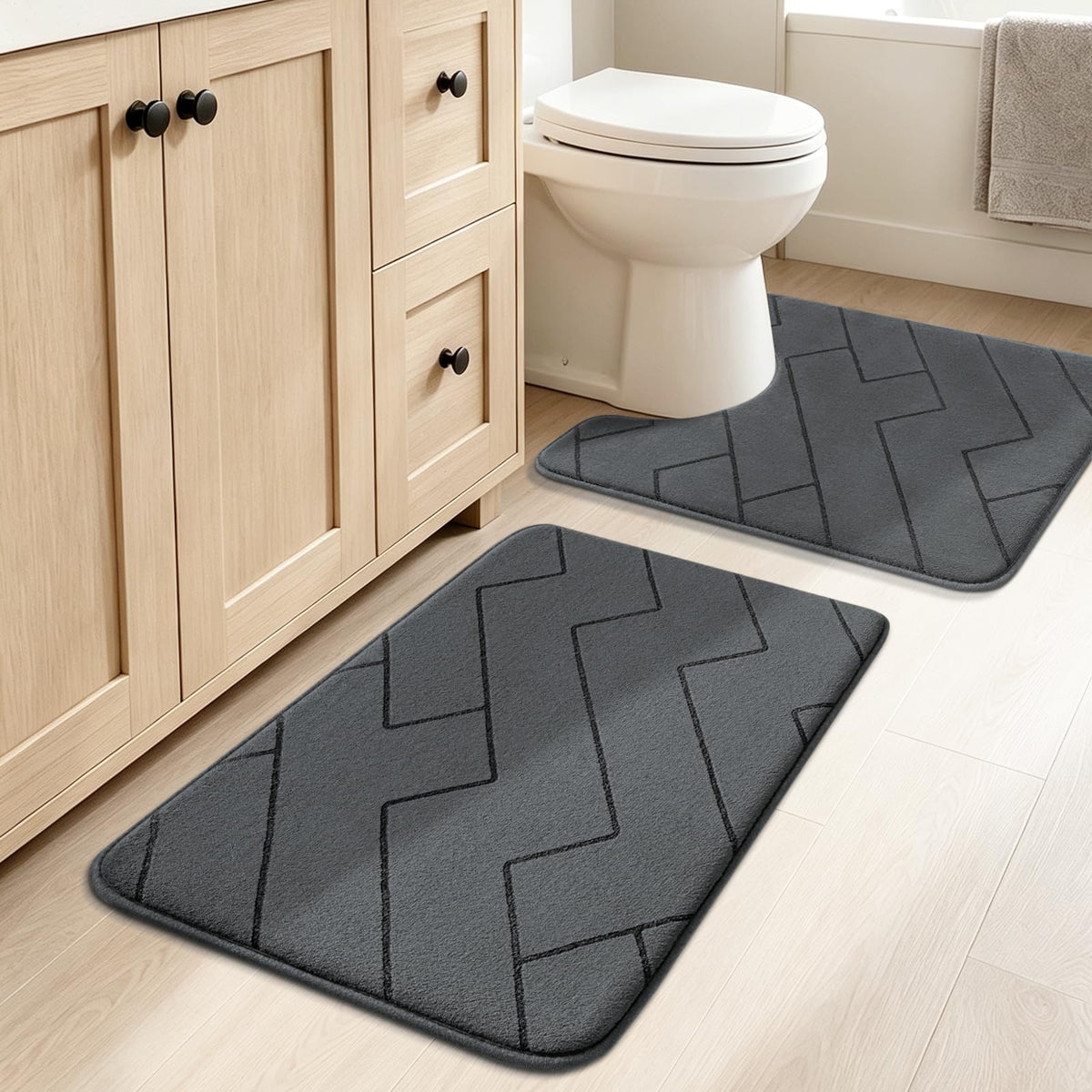YIHOUSE 3 Piece Bathroom Rug Set - Soft Memory Foam Bath Mat, Dark Grey