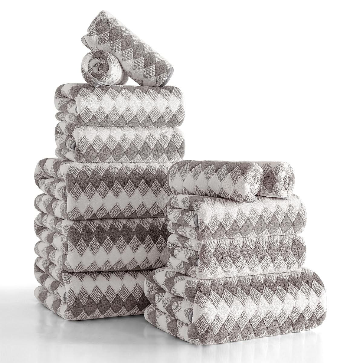 12 Pcs Black White Diamond Towel Set-4 Bath Towels,4 Hand Towels,4 Washcloths Soft Polyester Towels with Loop Absorbent Shower Towel Quick Dry Beach Chair Towel Family Towels for Bathroom Spa Gym Pool