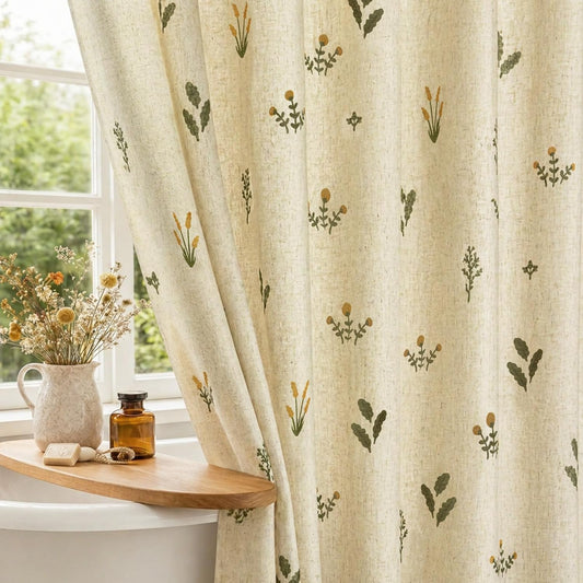 Linen Shower Curtain with Green Leaves 72x72, Organic Modern Botanical Fabric Shower Curtains for Bathroom, Minimalist Farmhouse Spa Cottagecore Shower Curtain (Oatmeal/Green)