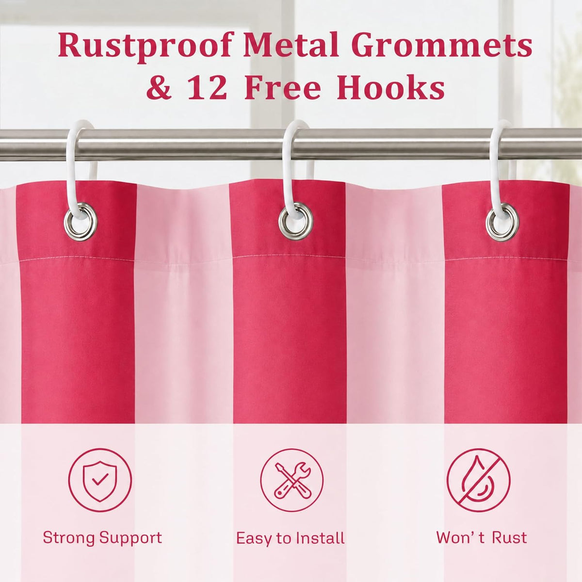 Ohocut Vertical Striped Shower Curtain, Cute Retro Vintage Stripe Farmhouse Bathroom Shower Curtain, Waterproof Polyester Fabric Modern Shower Curtain for Bathroom 72x72 Inches (Double Pink)