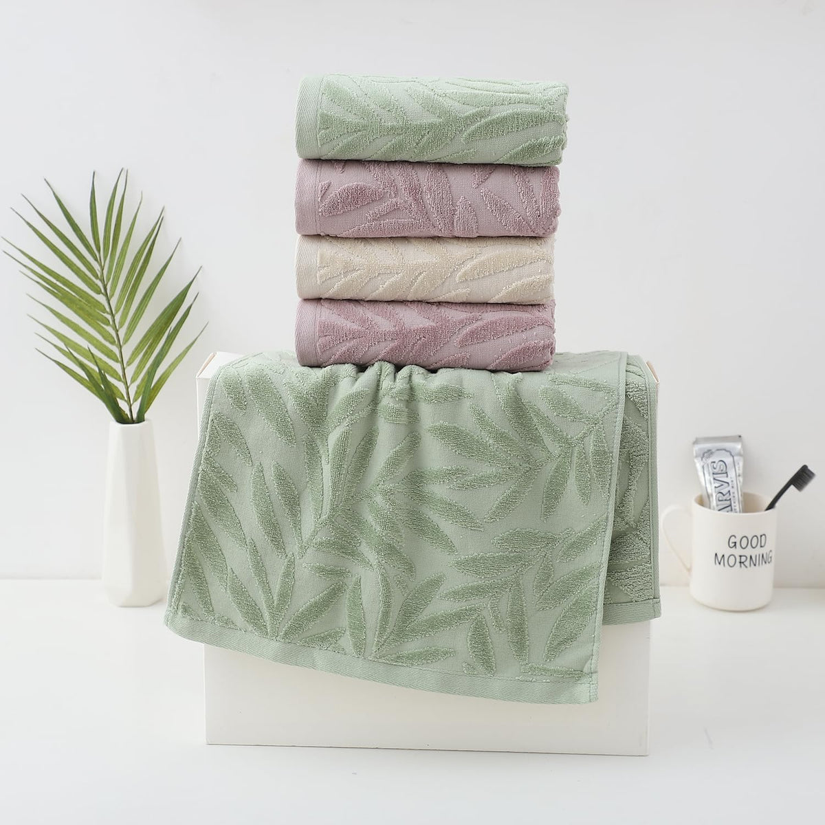 Pidada Leaf Absorbent Soft Hand Towels for Bathroom Set of 2,Light Brown