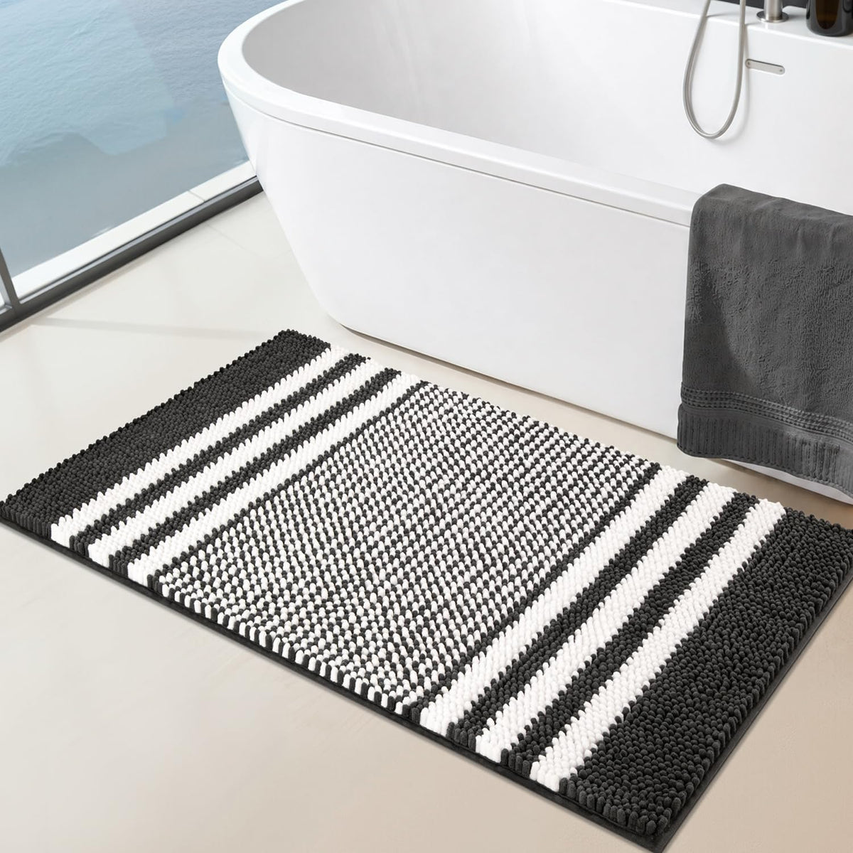 BSICPRO Large Chenille Bathroom Rugs Runner, 20x47 Striped Bath Mats, Beige