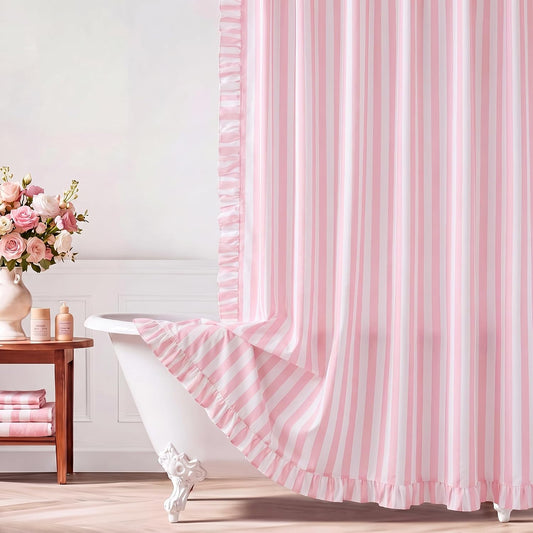 Pink Ruffled Striped Shower Curtain