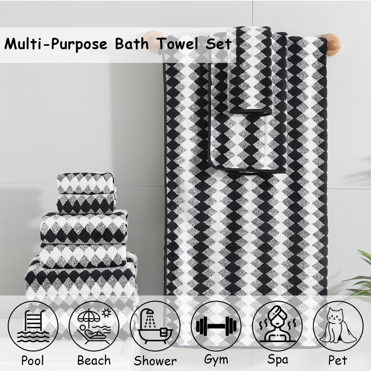 12 Pcs Black White Diamond Towel Set-4 Bath Towels,4 Hand Towels,4 Washcloths Soft Polyester Towels with Loop Absorbent Shower Towel Quick Dry Beach Chair Towel Family Towels for Bathroom Spa Gym Pool