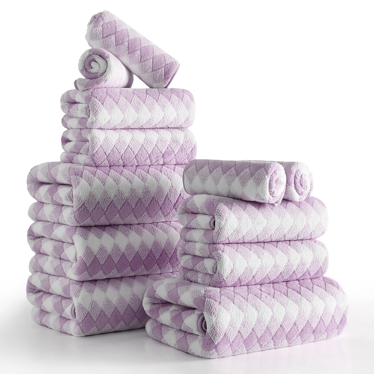 12 Pcs Black White Diamond Towel Set-4 Bath Towels,4 Hand Towels,4 Washcloths Soft Polyester Towels with Loop Absorbent Shower Towel Quick Dry Beach Chair Towel Family Towels for Bathroom Spa Gym Pool