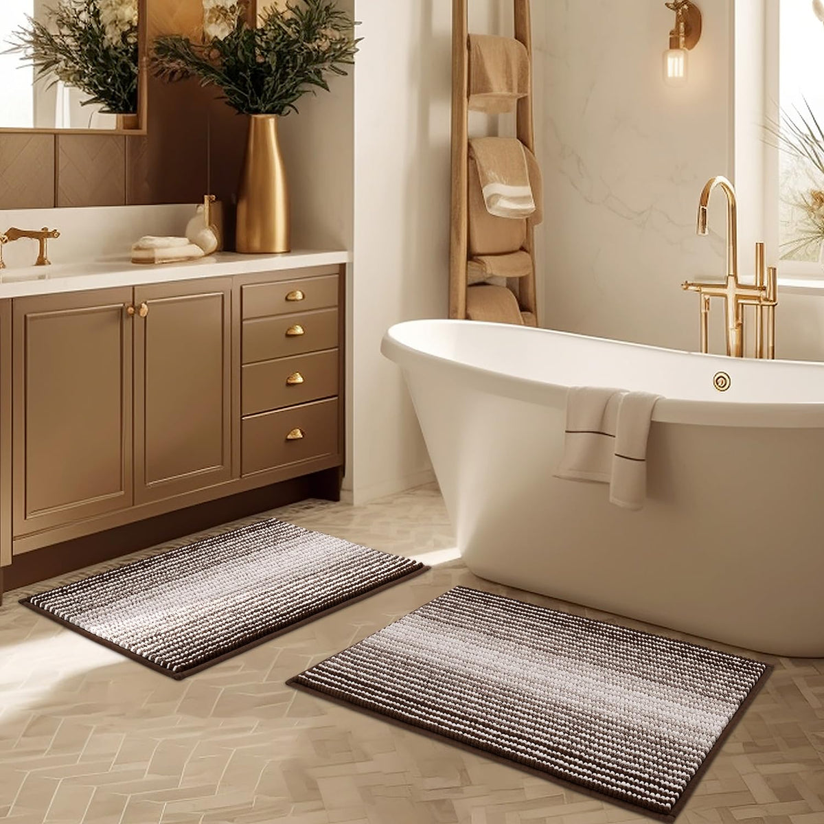 BSICPRO Large Chenille Bathroom Rugs Runner, 20x47 Striped Bath Mats, Beige