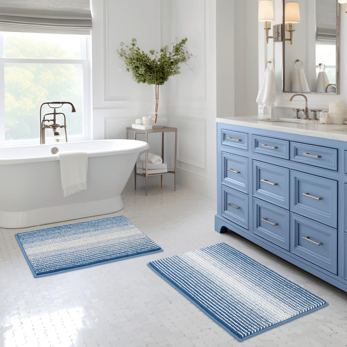 BSICPRO Large Chenille Bathroom Rugs Runner, 20x47 Striped Bath Mats, Beige