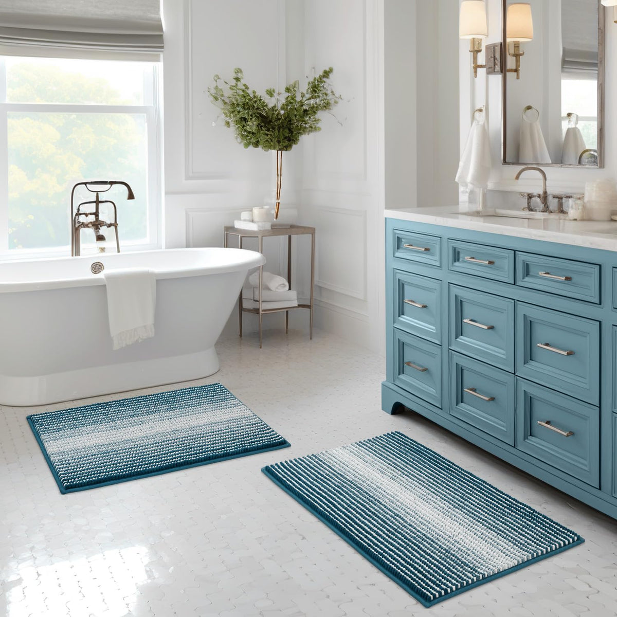 BSICPRO Large Chenille Bathroom Rugs Runner, 20x47 Striped Bath Mats, Beige