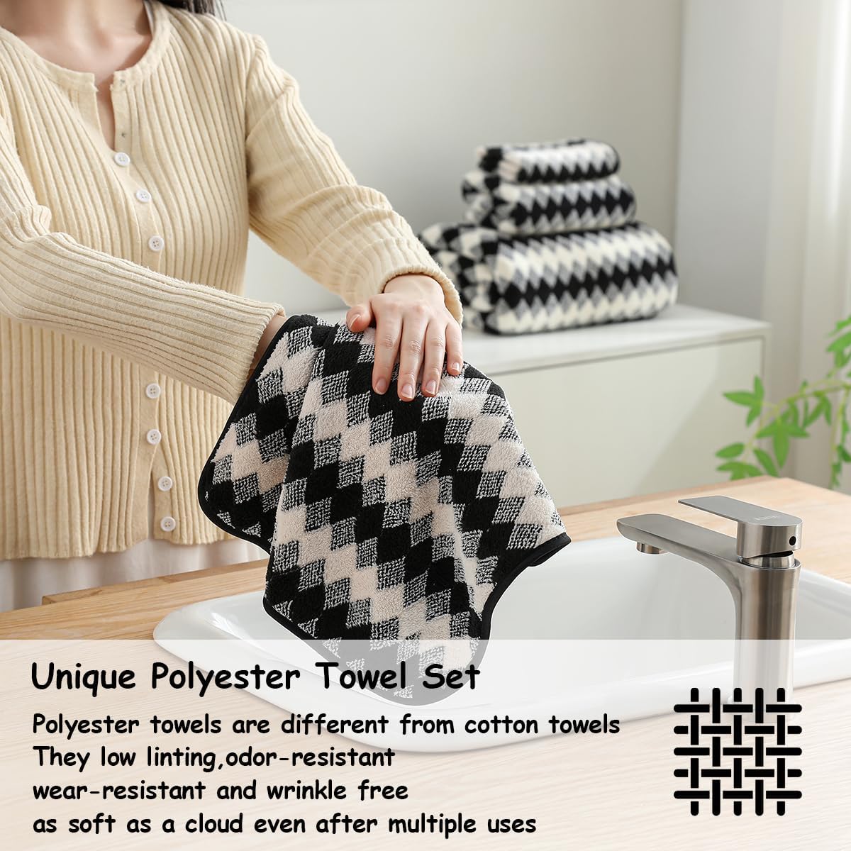 12 Pcs Black White Diamond Towel Set-4 Bath Towels,4 Hand Towels,4 Washcloths Soft Polyester Towels with Loop Absorbent Shower Towel Quick Dry Beach Chair Towel Family Towels for Bathroom Spa Gym Pool