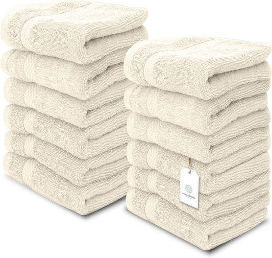 White Classic Luxury Ivory Washcloths 12 Pack - 13x13, 100% Turkish Cotton