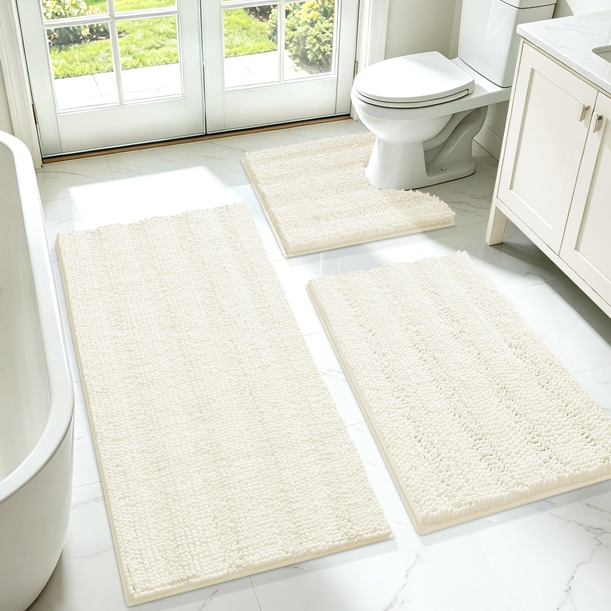 ACCUMTEK Christmas Striped Pink Bathroom Rug Set 3 Pieces Ultra Soft, Non Slip Chenille Toilet Mat, Absorbent Plush Shaggy Bath Mats for Bathroom, Bedroom, Kitchen