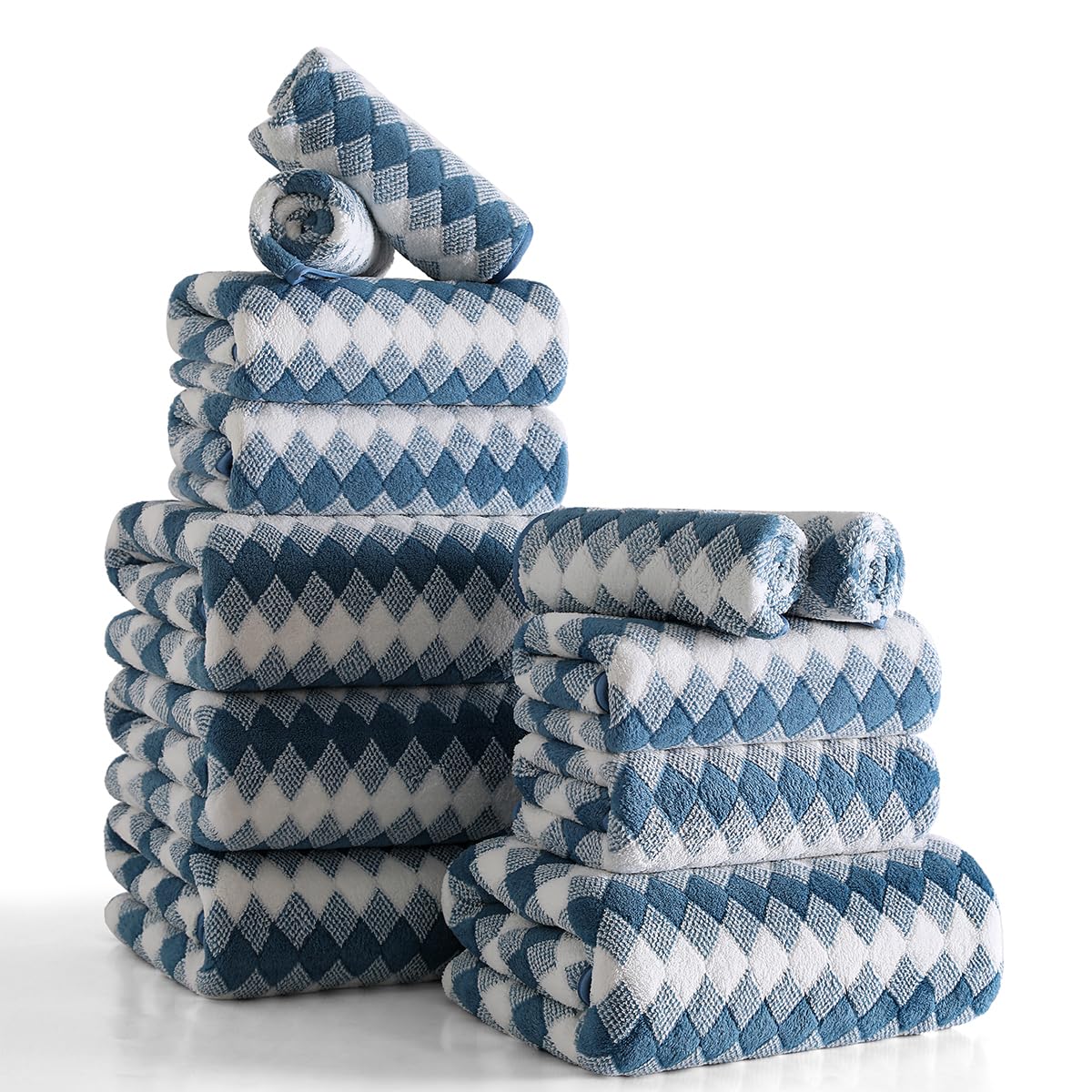 12 Pcs Black White Diamond Towel Set-4 Bath Towels,4 Hand Towels,4 Washcloths Soft Polyester Towels with Loop Absorbent Shower Towel Quick Dry Beach Chair Towel Family Towels for Bathroom Spa Gym Pool