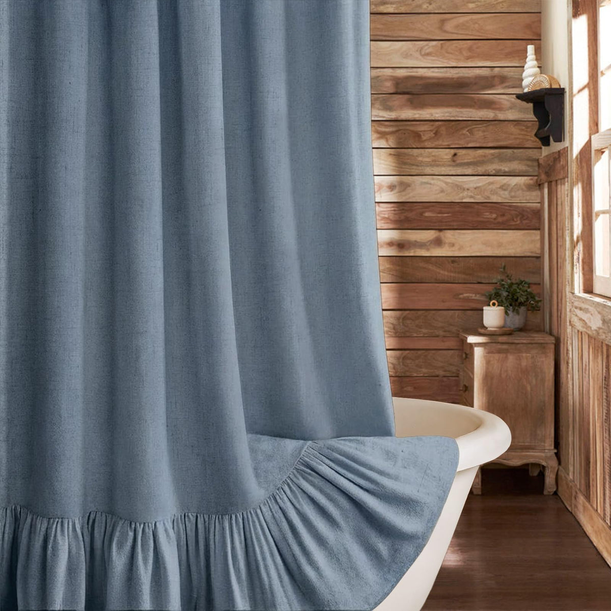 Farmhouse Shower Curtain Ruffle Linen Beige 72" W x 72" L