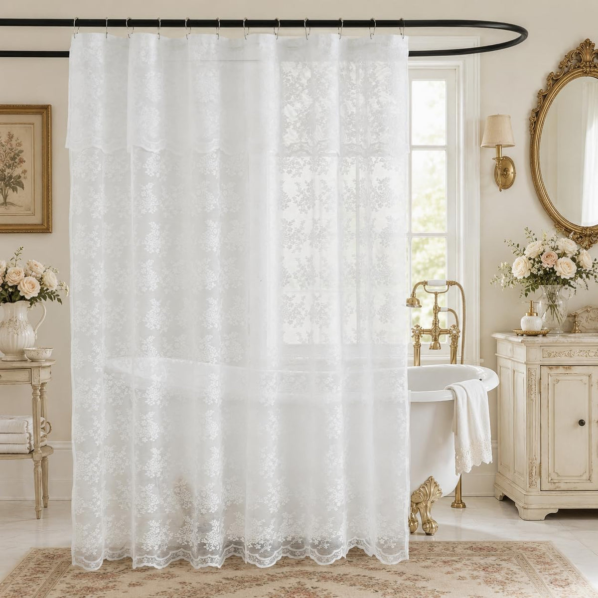TUDECO Black Lace Shower Curtain with Valance, Gothic Style, 72 x 72 Inch