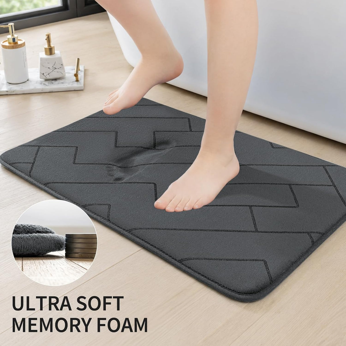 YIHOUSE 3 Piece Bathroom Rug Set - Soft Memory Foam Bath Mat, Dark Grey