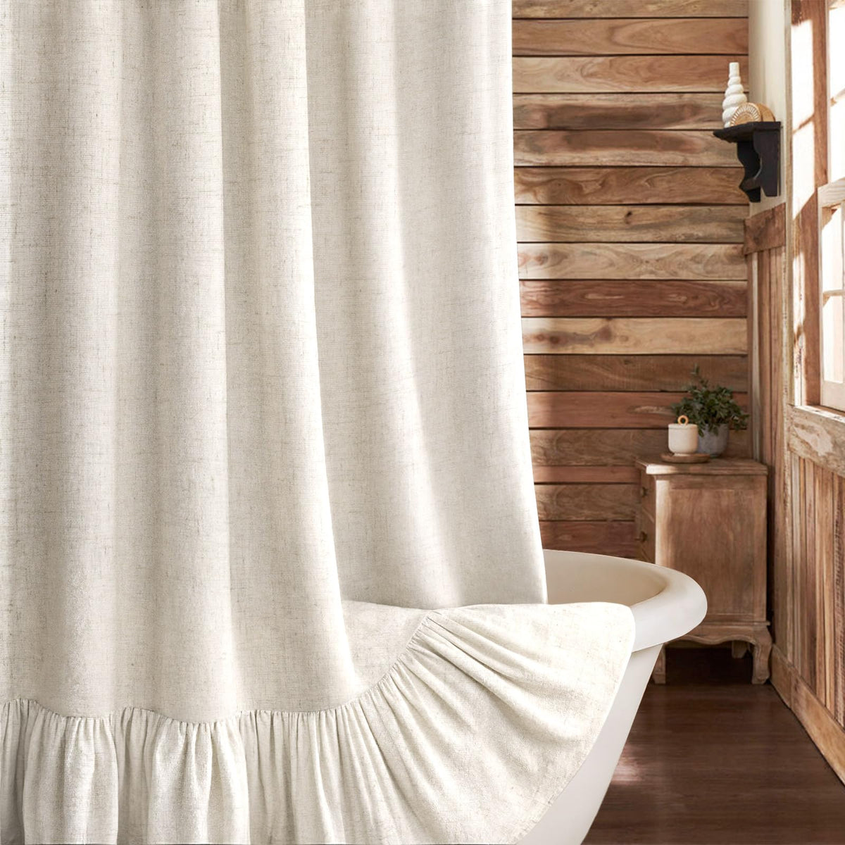 Farmhouse Shower Curtain Ruffle Linen Beige 72" W x 72" L