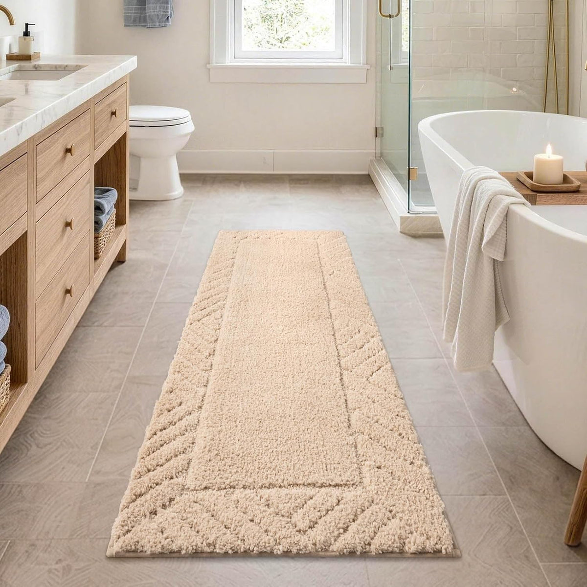 48x17 Long Bathroom Runner Rugs Beige, Non Slip Washable Bath Rugs