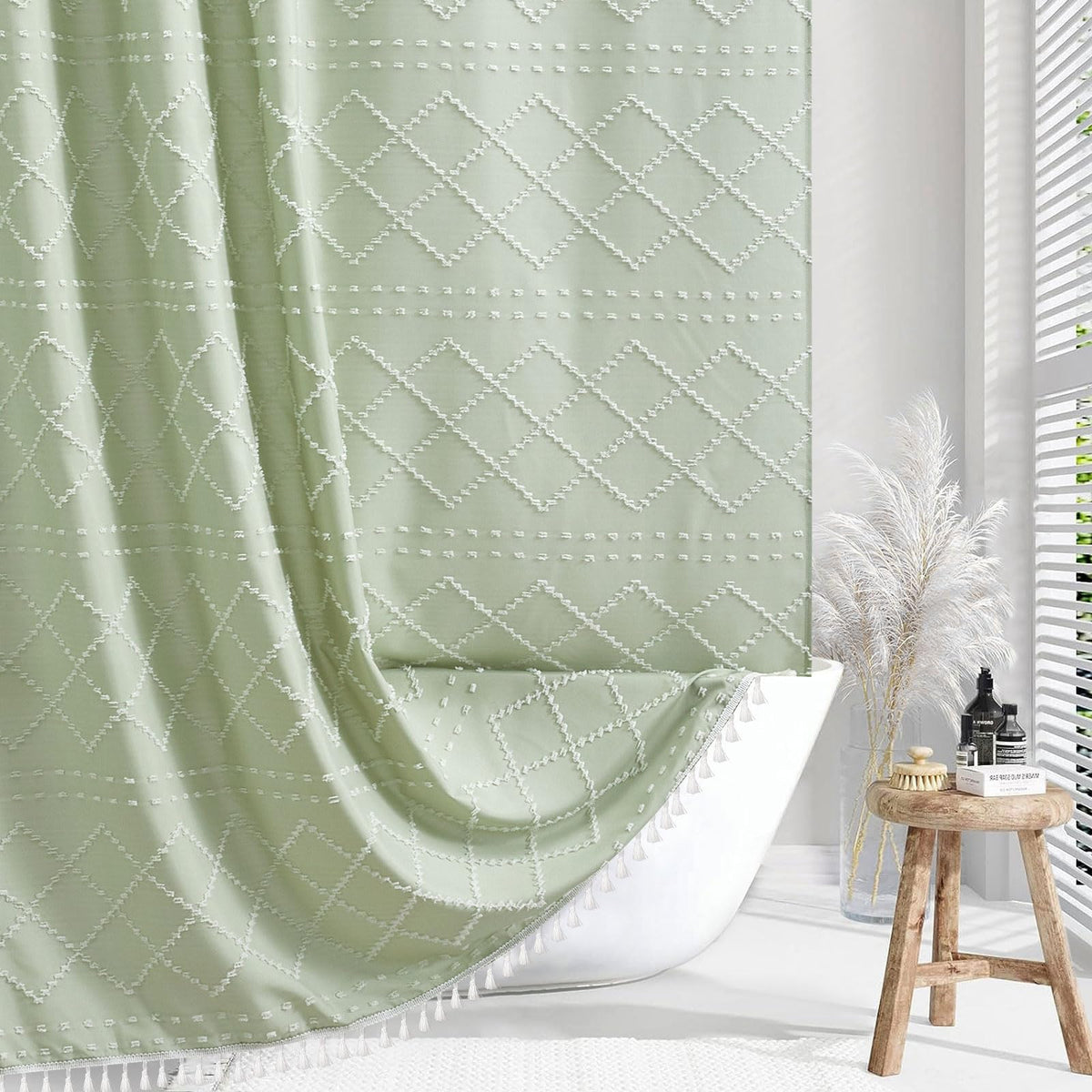 White Boho Shower Curtain Fabric Shower Curtains with Tassel 72 x 72 Modern Textured Shower Curtain Farmhouse Minimalist, Tufted Chevron Striped Shabby Chic, Water Resistant Cloth Curtain for Bathroom