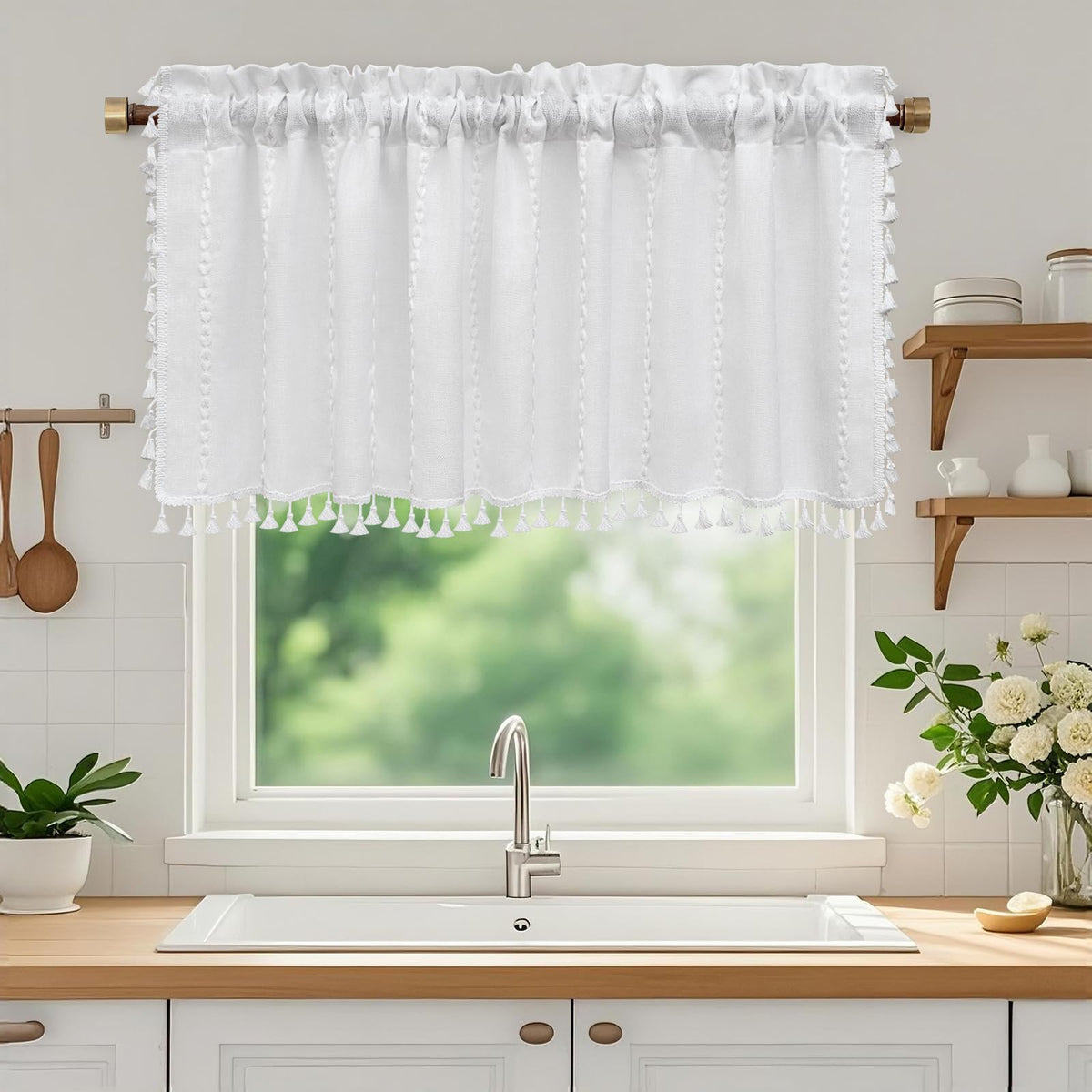 Seenus Boho Farmhouse Linen Shower Curtain with Tassels, Heavyweight Soft Fabric Shower Curtain Beige Water Repellent, 72 x 72 Inch Cream Elegant Bathroom Decor Shower Curtains Cotton Striped