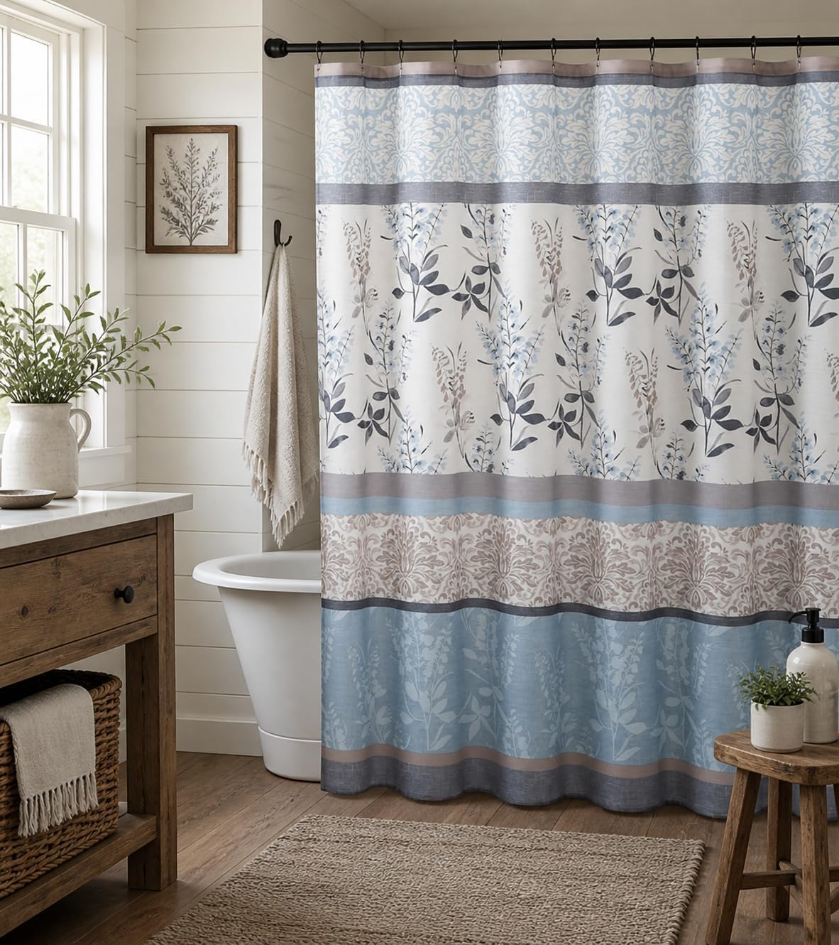 Blue Floral Fabric Shower Curtain Farmhouse Border Design for Bath 72x72