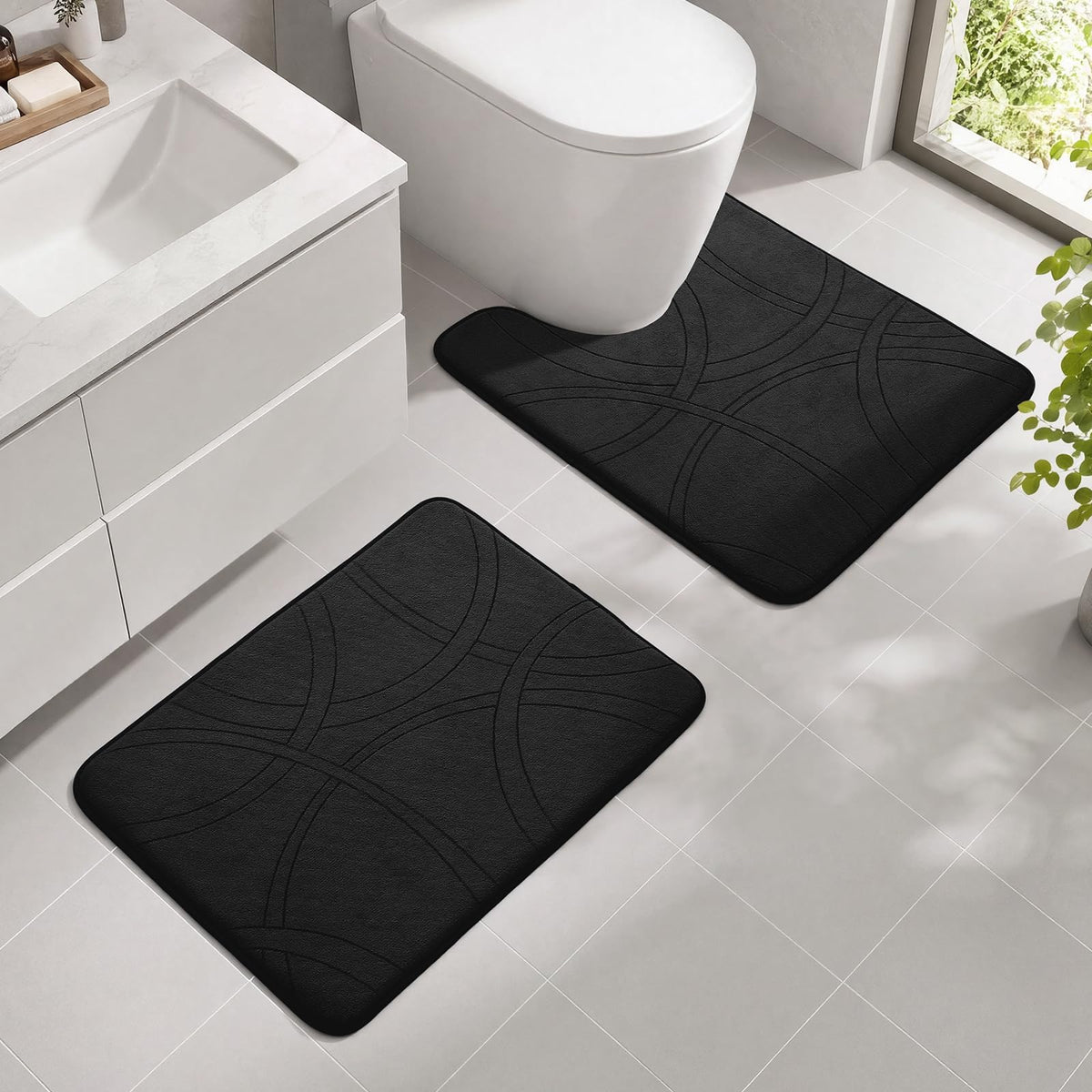 YIHOUSE 3 Piece Bathroom Rug Set - Soft Memory Foam Bath Mat, Dark Grey