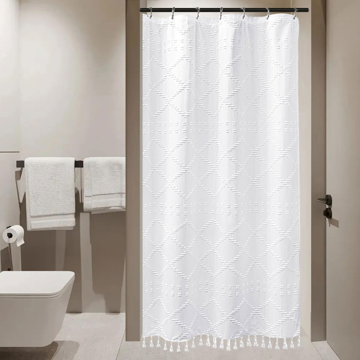 White Boho Shower Curtain Fabric Shower Curtains with Tassel 72 x 72 Modern Textured Shower Curtain Farmhouse Minimalist, Tufted Chevron Striped Shabby Chic, Water Resistant Cloth Curtain for Bathroom