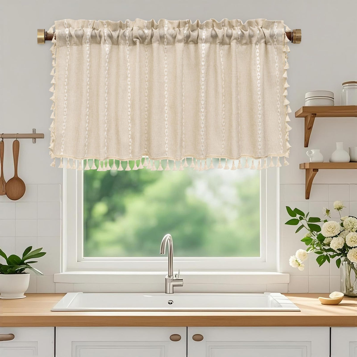 Seenus Boho Farmhouse Linen Shower Curtain with Tassels, Heavyweight Soft Fabric Shower Curtain Beige Water Repellent, 72 x 72 Inch Cream Elegant Bathroom Decor Shower Curtains Cotton Striped