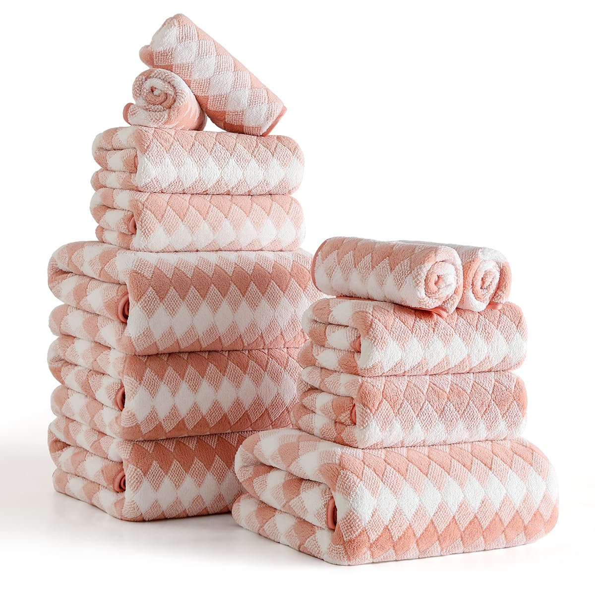 12 Pcs Black White Diamond Towel Set-4 Bath Towels,4 Hand Towels,4 Washcloths Soft Polyester Towels with Loop Absorbent Shower Towel Quick Dry Beach Chair Towel Family Towels for Bathroom Spa Gym Pool